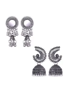 MEENAZ Set Of 2 Silver-Plated Dome Shaped Jhumkas