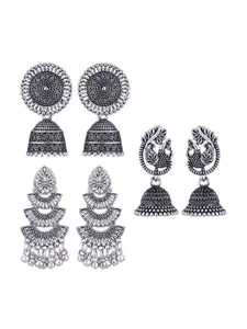 MEENAZ Set Of 3 Silver-Plated Dome Shaped Oxidised Jhumkas