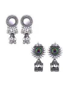 MEENAZ Set Of 2 Silver-Plated Dome Shaped Oxidised Jhumkas