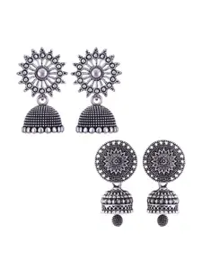 MEENAZ Set Of 2 Stainless Steel Silver Plated Oxidised Dome Shaped Jhumkas
