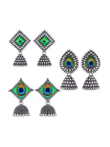 MEENAZ Set Of 3 Stainless Steel Silver Plated Oxidised Dome Shaped Jhumkas