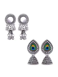 MEENAZ Set Of 2 Stainless Steel Silver Plated Oxidised Dome Shaped Jhumkas