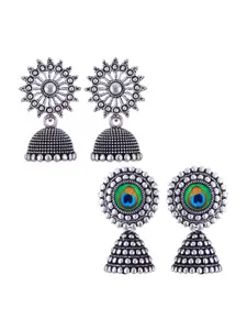 MEENAZ Set Of 2 Silver Plated Dome Shaped Jhumkas