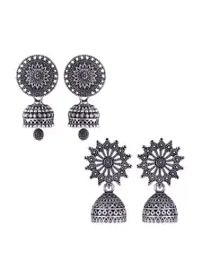 MEENAZ Set Of 2 Silver Plated Dome Shaped Jhumkas