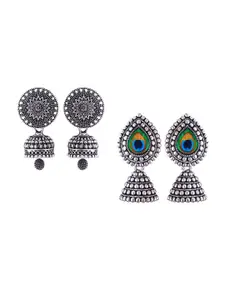 MEENAZ Set Of 2 Silver-Plated Oxidised Jhumkas