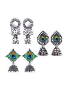 MEENAZ Set Of 3 Silver-Plated Oxidised Jhumkas