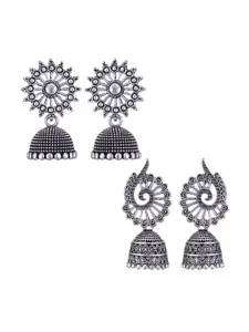 MEENAZ Set Of 2 Silver-Plated Oxidised Jhumkas