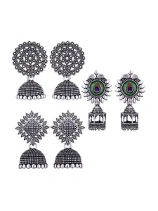 MEENAZ Set Of 3 Silver Plated Stone Studded & Beaded Oxidised Peacock Shaped Jhumkas