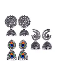 MEENAZ Set Of 3 Silver Plated Stone Studded & Beaded Oxidised Peacock Shaped Jhumkas