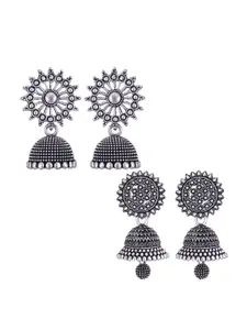 MEENAZ Set Of 2 Silver Plated Stone Studded & Beaded Oxidised Peacock Shaped Jhumkas