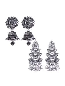 MEENAZ Set Of 2 Silver Plated Stone Studded & Beaded Oxidised Peacock Shaped Jhumkas