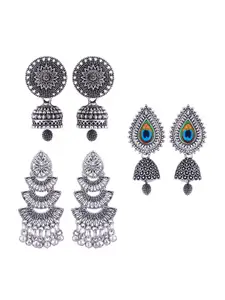 MEENAZ Set Of 3 Silver-Plated Peacock Shaped Jhumkas