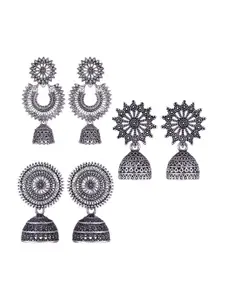 MEENAZ Set Of 3 Silver-Plated Peacock Shaped Jhumkas