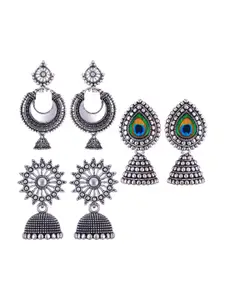 MEENAZ Set Of 3 Stainless Steel Silver Plated Artificial Stones and Beads Studded Earrings
