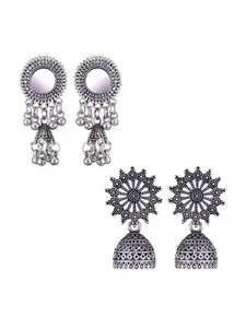 MEENAZ Set Of 2 Stainless Steel Silver Plated Artificial Stones and Beads Studded Earrings