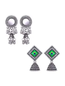 MEENAZ Set Of 2 Stainless Steel Silver Plated Artificial Stones and Beads Studded Earrings