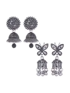 MEENAZ Set Of 2 Stainless Steel Silver Plated Artificial Stones and Beads Studded Earrings