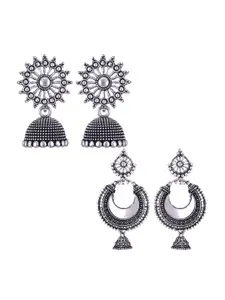 MEENAZ Set Of 2 Stainless Steel Silver Plated Artificial Stones and Beads Studded Earrings