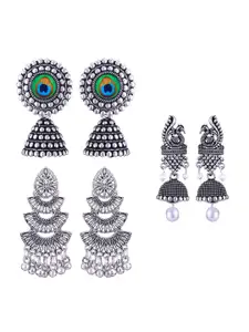 MEENAZ Set Of  Silver-Plated Peacock Shaped Jhumkas