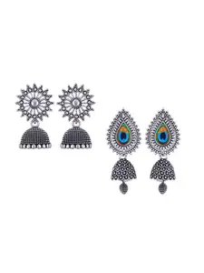 MEENAZ Set Of Silver-Plated Peacock Shaped Jhumkas