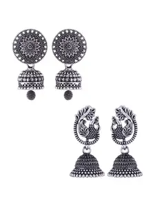 MEENAZ Set Of 2 Silver-Plated Peacock Shaped Jhumkas