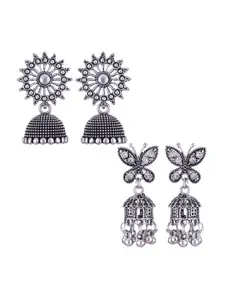 MEENAZ Set Of 2 Silver-Plated Oxidised Peacock Shaped Jhumkas