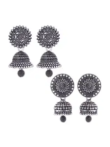MEENAZ Set Of 2 Silver-Plated Oxidised Peacock Shaped Jhumkas