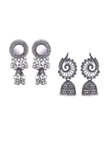 MEENAZ Set Of 2 Silver-Plated Oxidised Peacock Shaped Jhumkas