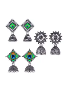 MEENAZ Set Of 3 Silver-Plated Oxidised Peacock Shaped Jhumkas