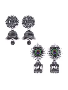 MEENAZ Set Of 2 Silver-Plated Oxidised Peacock Shaped Jhumkas