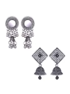 MEENAZ Set Of 2 Silver-Plated Stainless Steel Studded & Beaded Classic Jhumkas