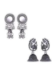 MEENAZ Set Of 2 Silver-Plated Stainless Steel Studded & Beaded Peacock Shaped Jhumkas