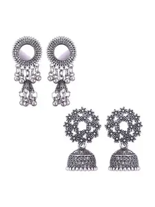 MEENAZ Set Of 2 Silver-Plated Stainless Steel Studded & Beaded Classic Jhumkas