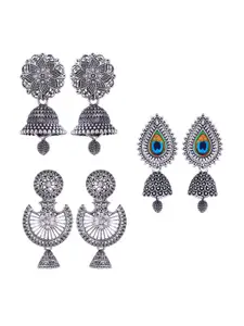 MEENAZ Set Of 3 Silver-Plated Stainless Steel Studded & Beaded Peacock Shaped Jhumkas