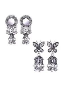 MEENAZ Set Of 2 Silver-Plated Stainless Steel Studded & Beaded Classic Jhumkas