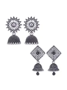 MEENAZ Set Of 2 Silver-Plated Stainless Steel Studded & Beaded Classic Jhumkas