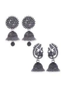MEENAZ Pack Of 2 Silver-Plated Dome Shaped Oxidised Jhumkas