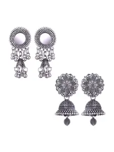 MEENAZ Pack Of 2 Silver-Plated Dome Shaped Oxidised Jhumkas
