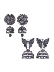 MEENAZ Pack Of 2 Silver-Plated Dome Shaped Oxidised Jhumkas