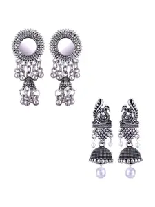 MEENAZ Pack Of 2 Silver-Plated Dome Shaped Oxidised Jhumkas
