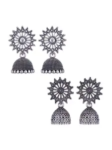 MEENAZ Pack Of 2 Silver-Plated Dome Shaped Oxidised Jhumkas