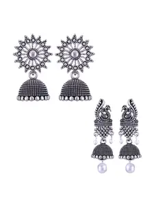 MEENAZ Pack Of 2 Silver-Plated Dome Shaped Oxidised Jhumkas