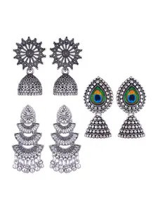 MEENAZ Pack Of 3 Silver-Plated Dome Shaped Oxidised Jhumkas