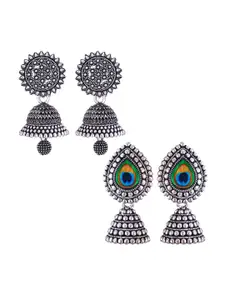 MEENAZ Set Of 2 Silver-Plated Dome Shaped Jhumkas