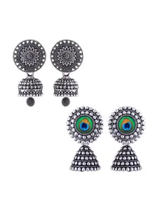 MEENAZ Set Of 2 Silver-Plated Dome Shaped Jhumkas