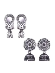 MEENAZ Set Of 2 Silver-Plated Stone-Studded Dome Shaped Jhumkas