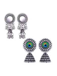 MEENAZ Set Of 2 Peacock Shaped Silver-Plated Jhumkas