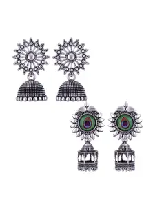 MEENAZ Set Of 2 Peacock Shaped Silver-Plated Jhumkas