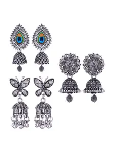 MEENAZ Set Of 3 Silver-Plated Dome Shaped Oxidised Jhumkas