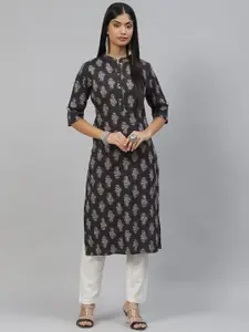 KALINI Ethnic Motifs Printed Mandarin Collar Roll-Up Sleeves Pure Cotton Kurta